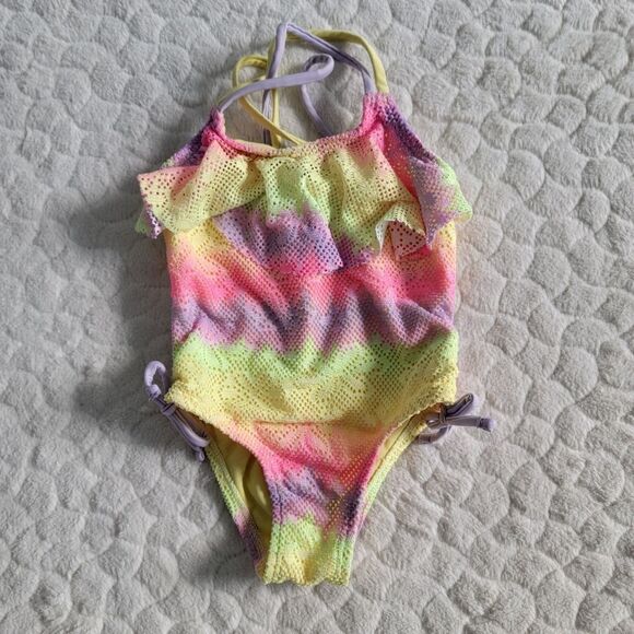 Baby toddler girl one piece swimsuit multi color rainbow mesh 18 months - Picture 1 of 2